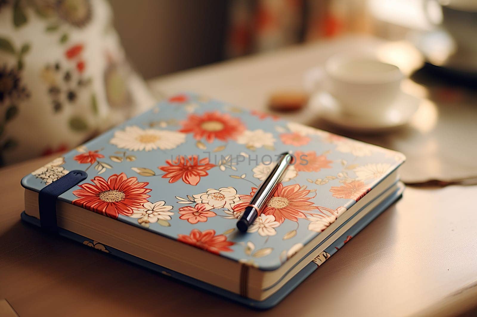 Cute blue diary with flowers on the cover and a ballpoint pen on the blur.