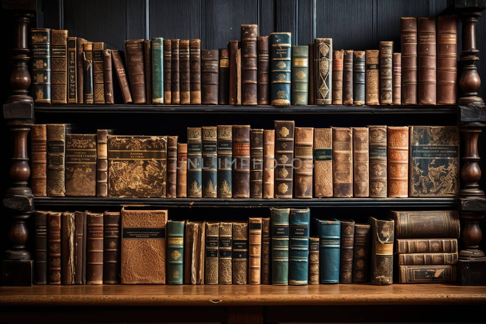 Bookshelves filled with old books. Reading, education concept.