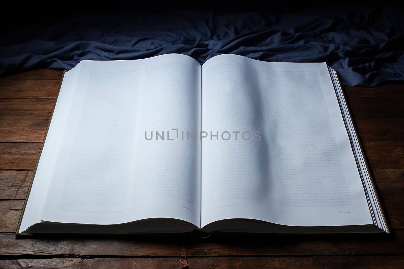 An open book on a dark background on a wooden table.