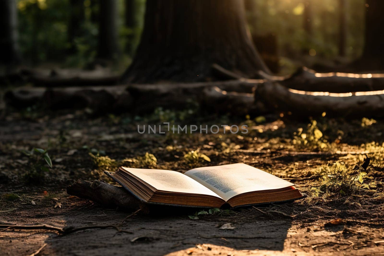 An open book lies on the ground in the park.