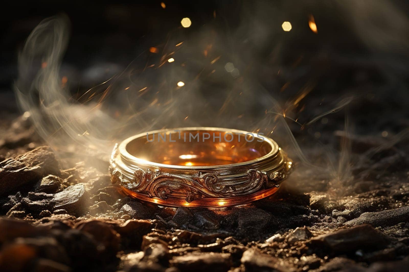 A golden ring with sparks and smoke lies on the ground. Beautiful mystical background.