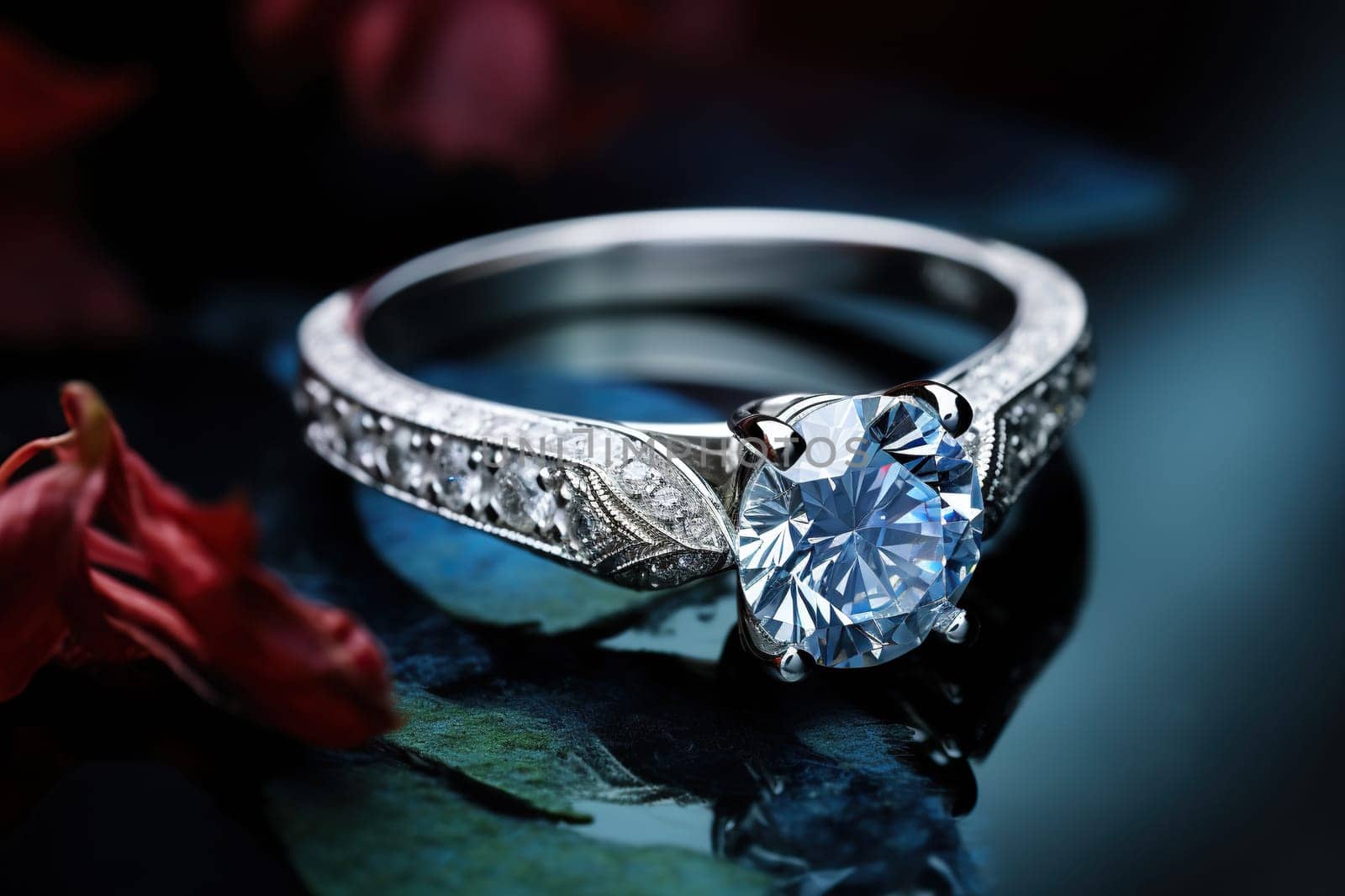 Luxurious silver ring with a precious stone on a dark background.