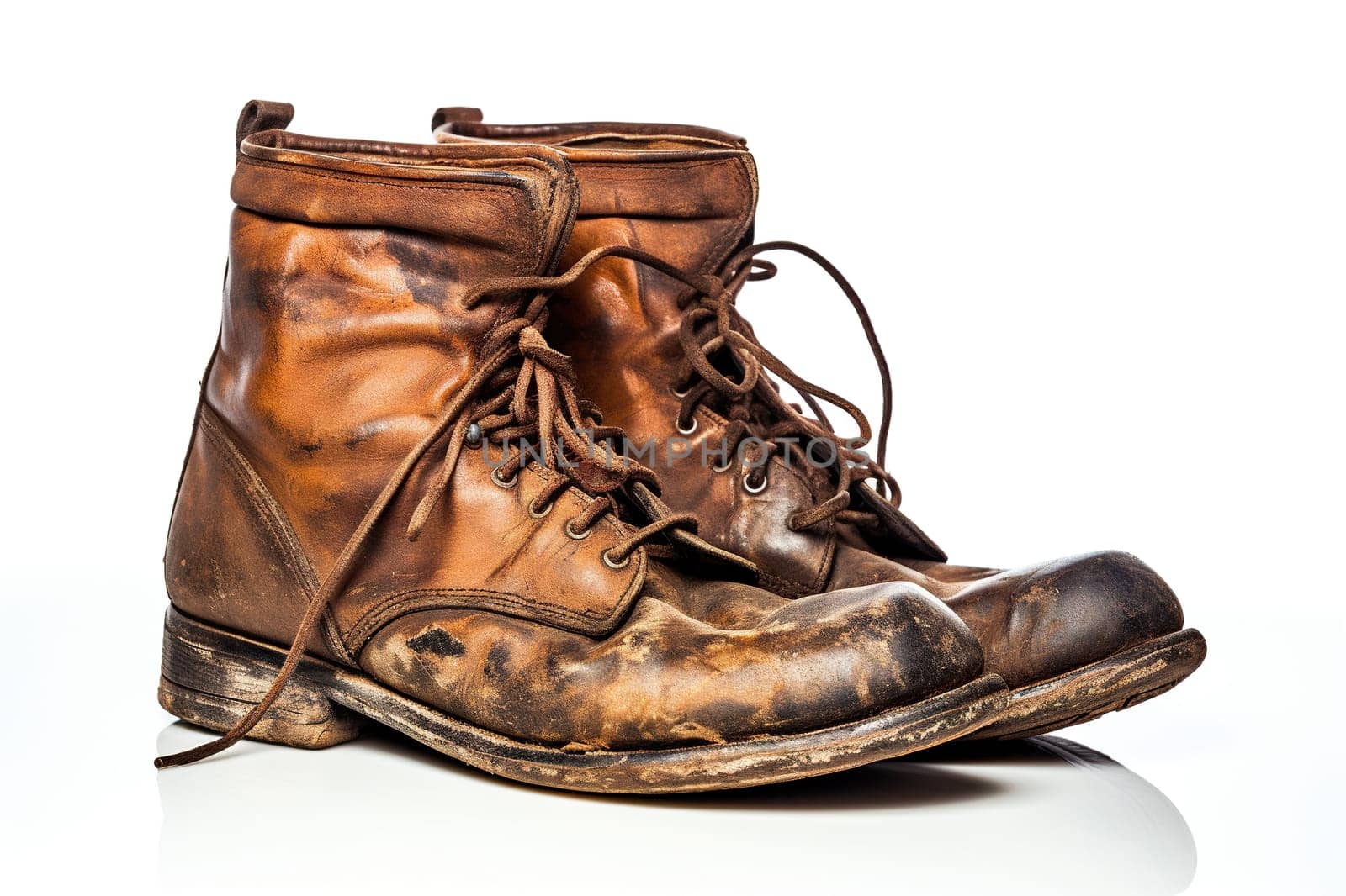 Old worn men's shoes isolated on a white background. Generated by artificial intelligence by Vovmar