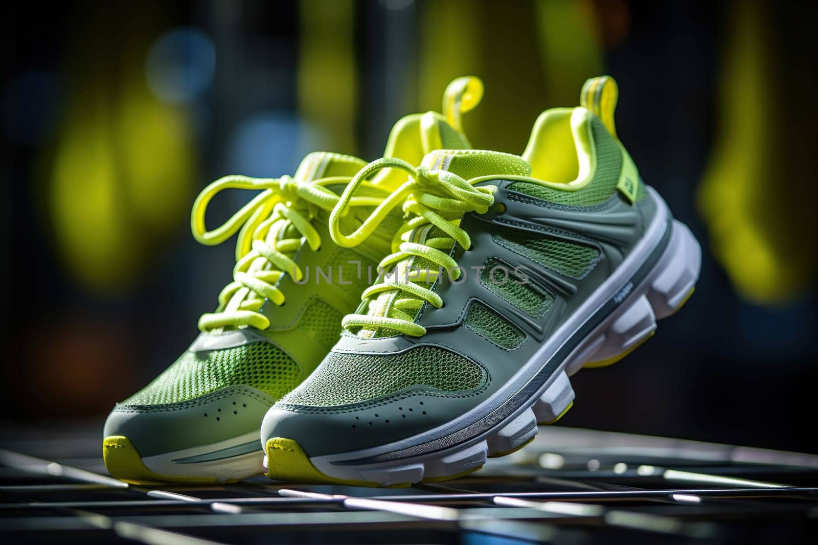 A pair of stylish green sneakers on a blurred background. Sports shoes.