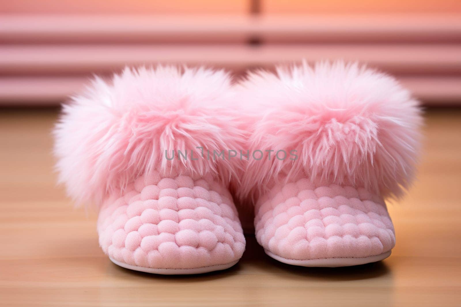 Pink fluffy women's house slippers.