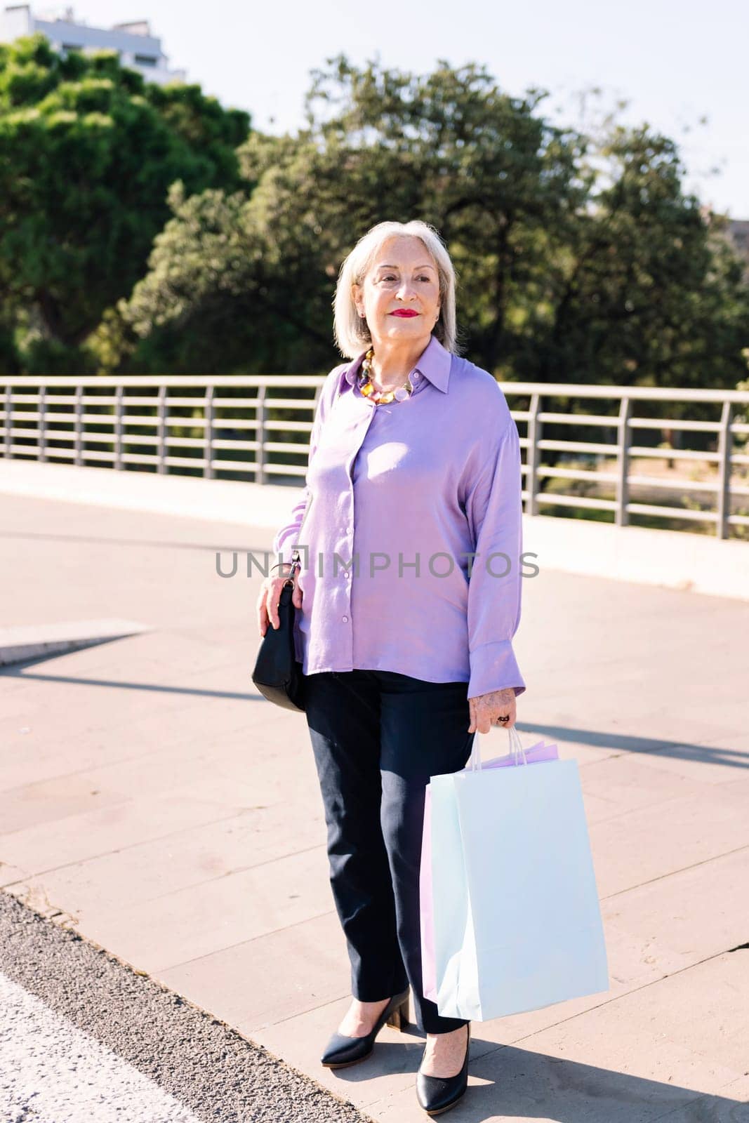 senior woman waiting standing with shopping bags in hand, concept of elderly people leisure and active lifestyle