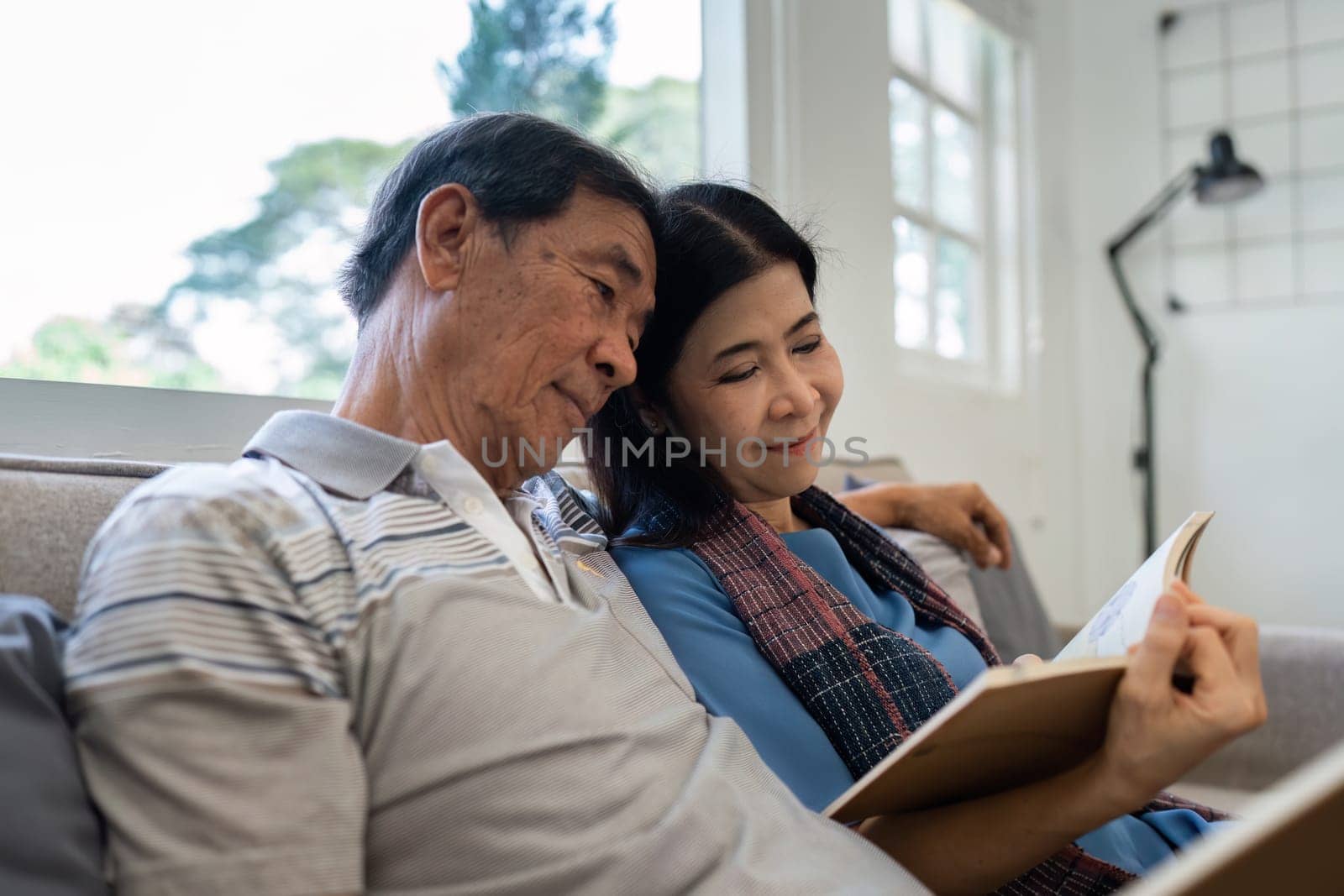 Retired elderly couple sits on couch in their home reading relaxing book. Senior Activity Concept.