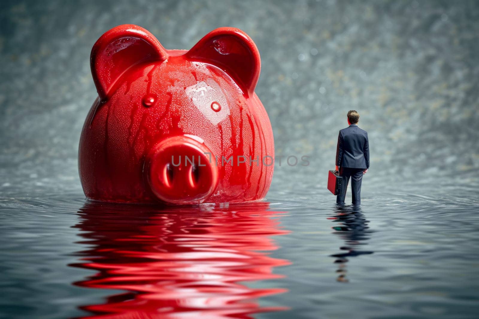 Piggy bank drowning in debt, business concept of bankruptcy and losing money. ai generative.