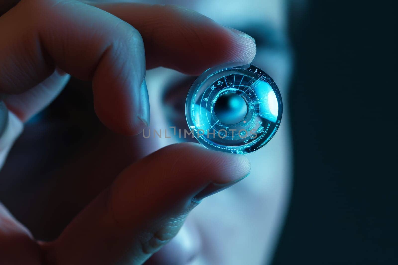 Iris recognition. Person holding contact lenses data visualization, information. AI generative.