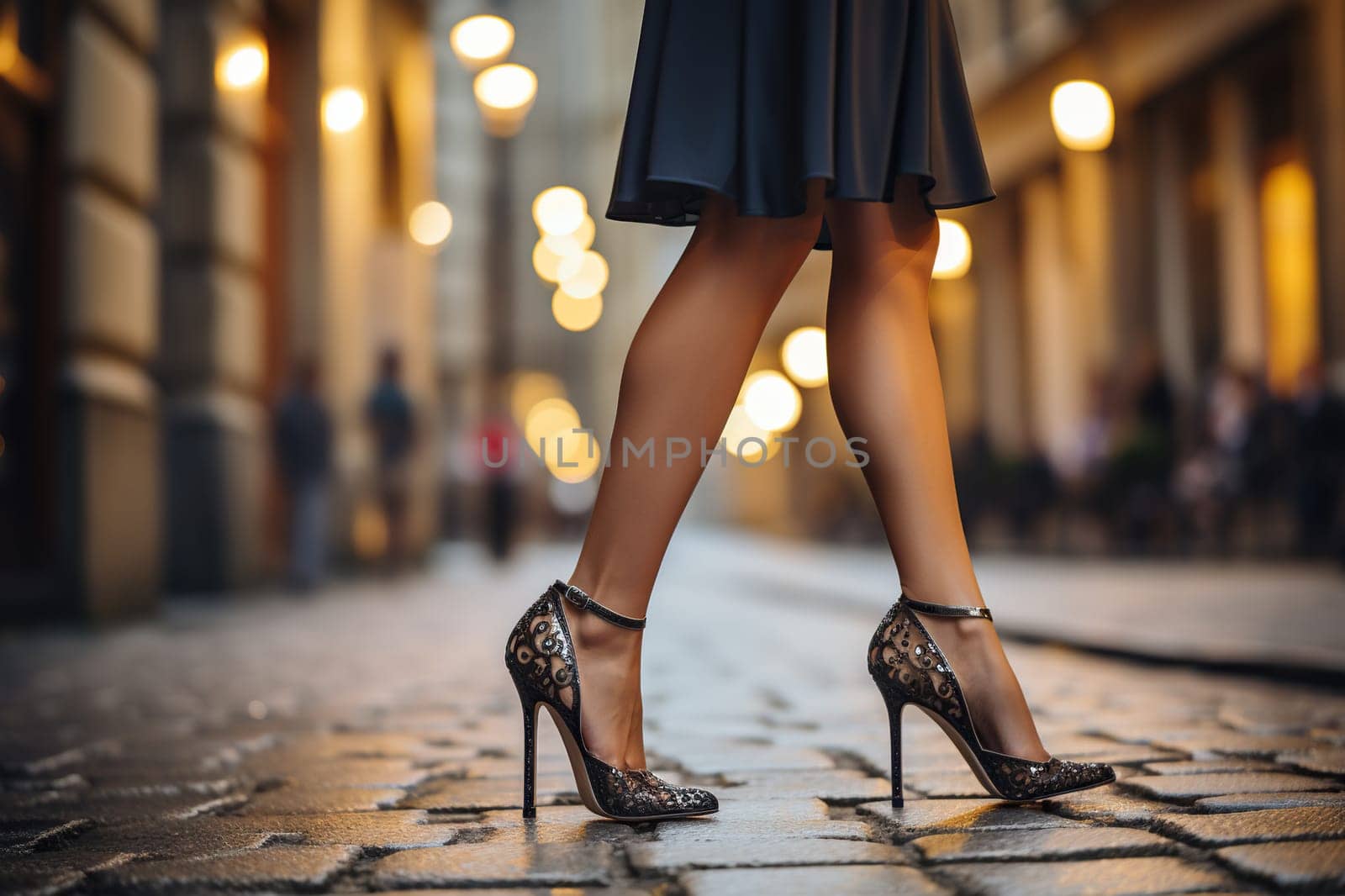 Slender female legs in high-heeled shoes on a evening street. Generated by artificial intelligence by Vovmar