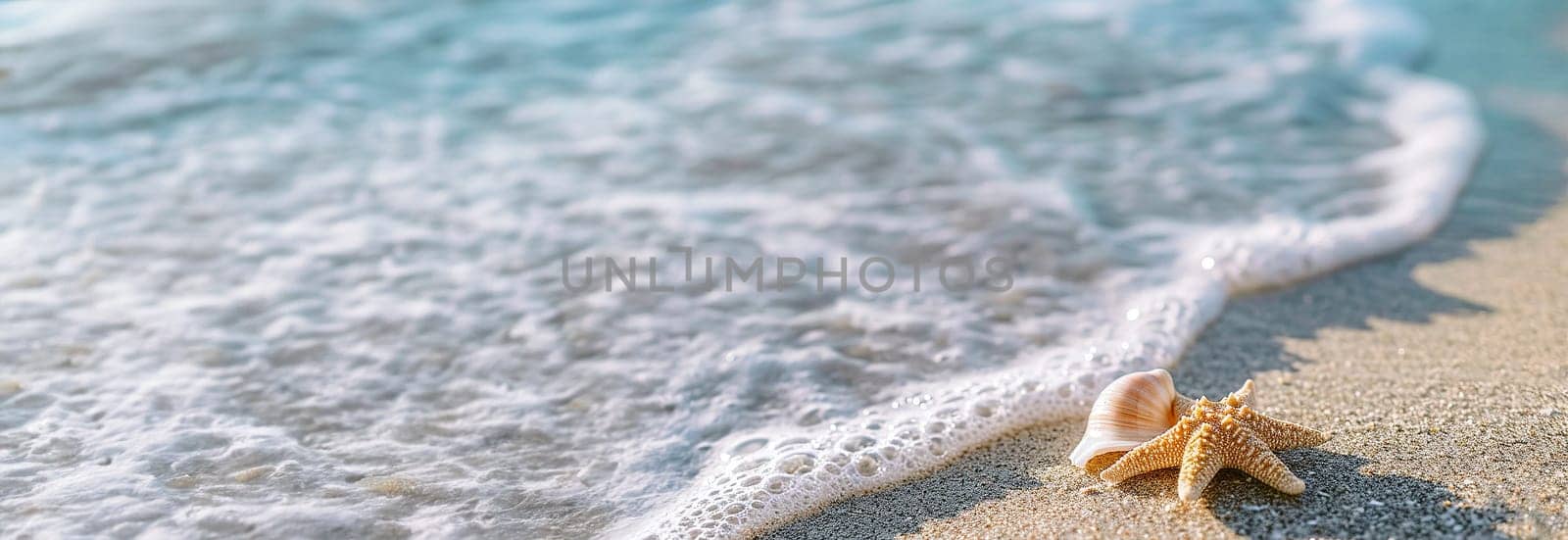 Sea coast with sand, ocean wave, shells and star fish on tropical island. beach with sandy seaside, blue transparent water surface. Paradise island, exotic tropical copy space