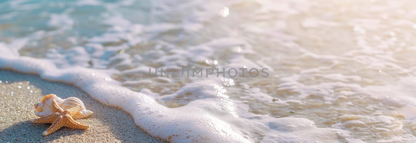 Sea coast with sand, ocean wave, shells and star fish on tropical island. beach with sandy seaside, blue transparent water surface. Paradise island, exotic tropical by Annebel146