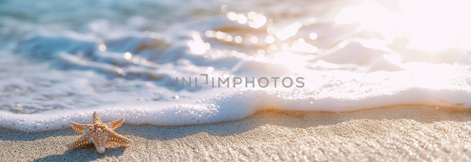 Sea coast with sand, ocean wave, shells and star fish on tropical island. beach with sandy seaside, blue transparent water surface. Paradise island, exotic tropical copy space