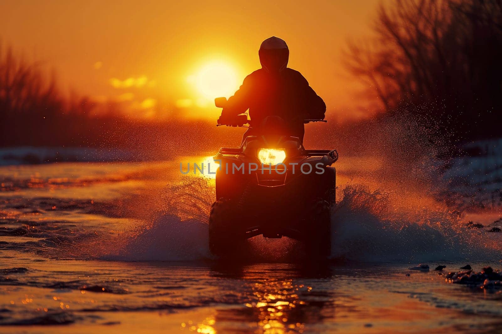 ATV run on river with view of sunset over the forest, with silhouetted background , generative ai by matamnad