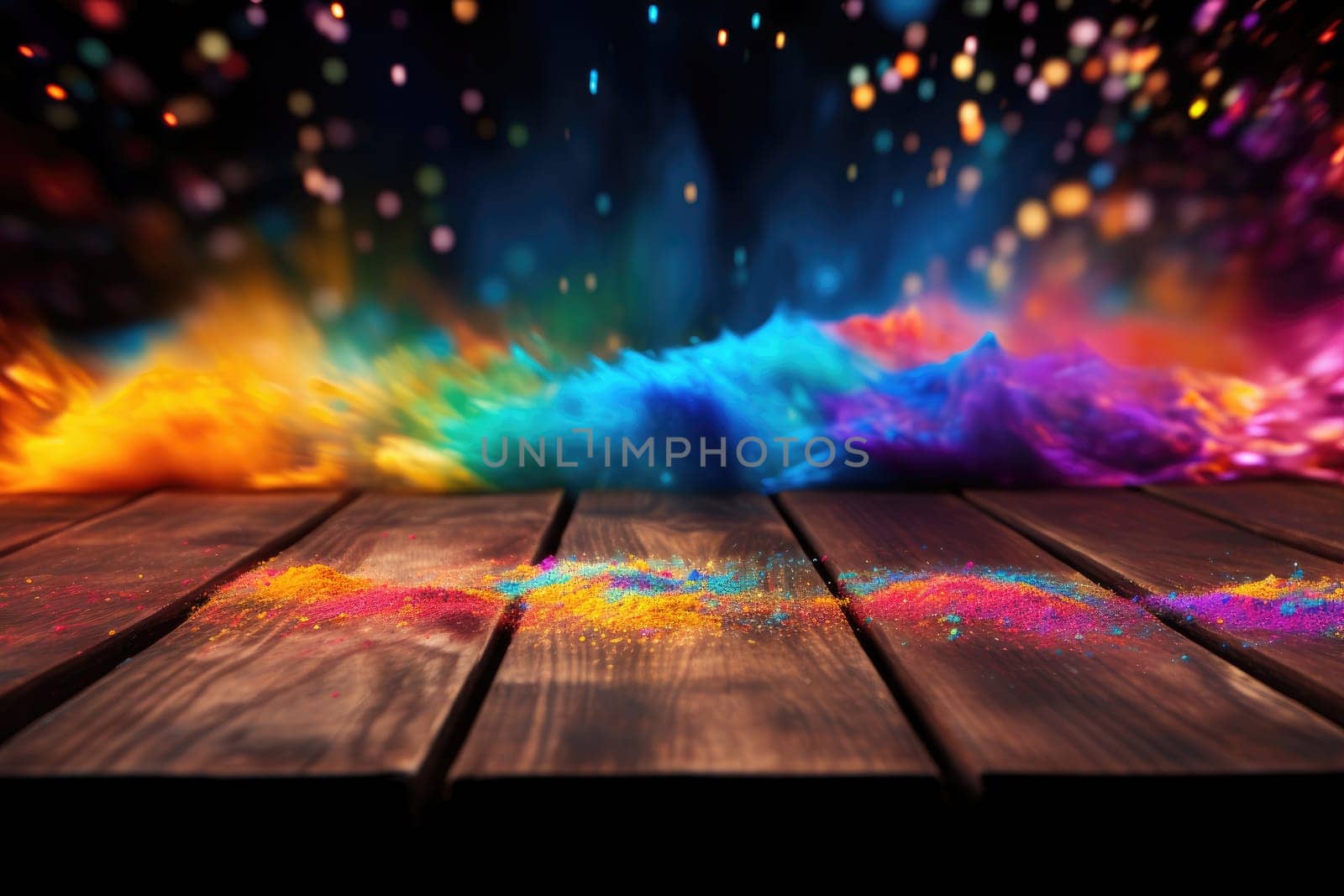 Colorful Holi powders on a top table with bokeh lights for mockup , AI generative.