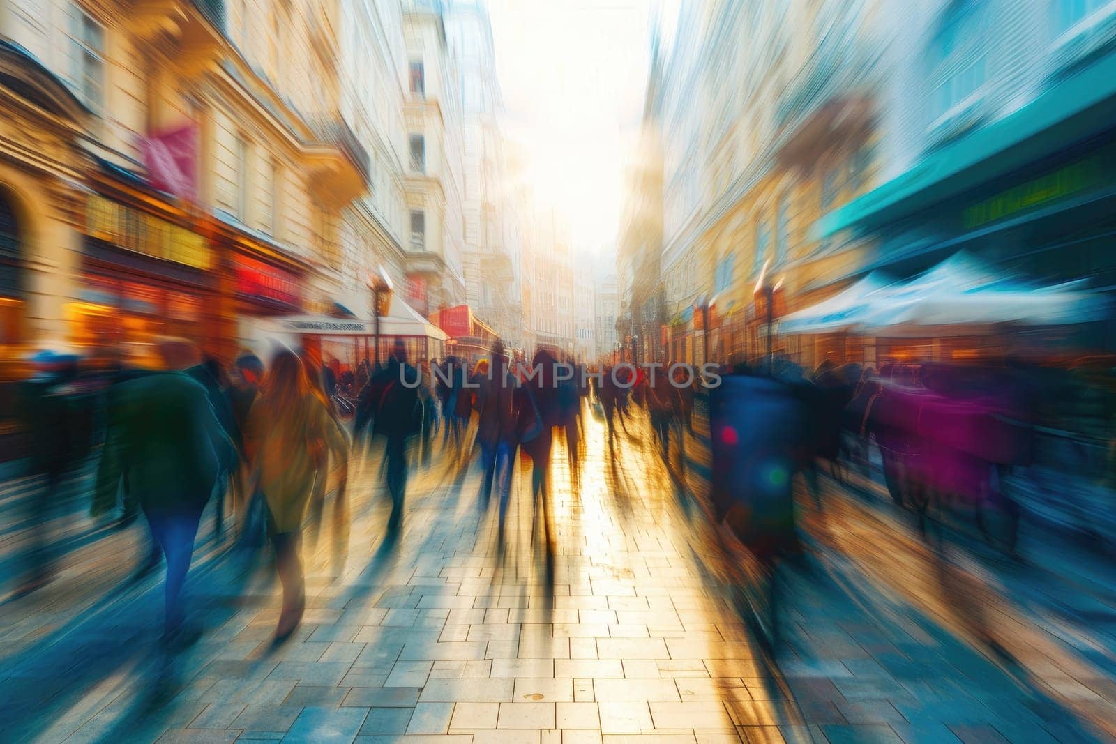 Fast moving crowd of people on a busy street with long exposure. Generative AI.