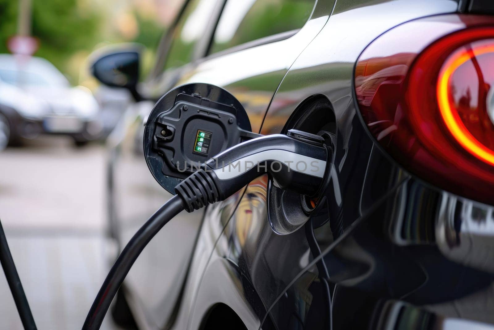 Electric Vehicle Charging Station Plugged into Car: Clean Energy for a Sustainable Future, Generative AI by matamnad