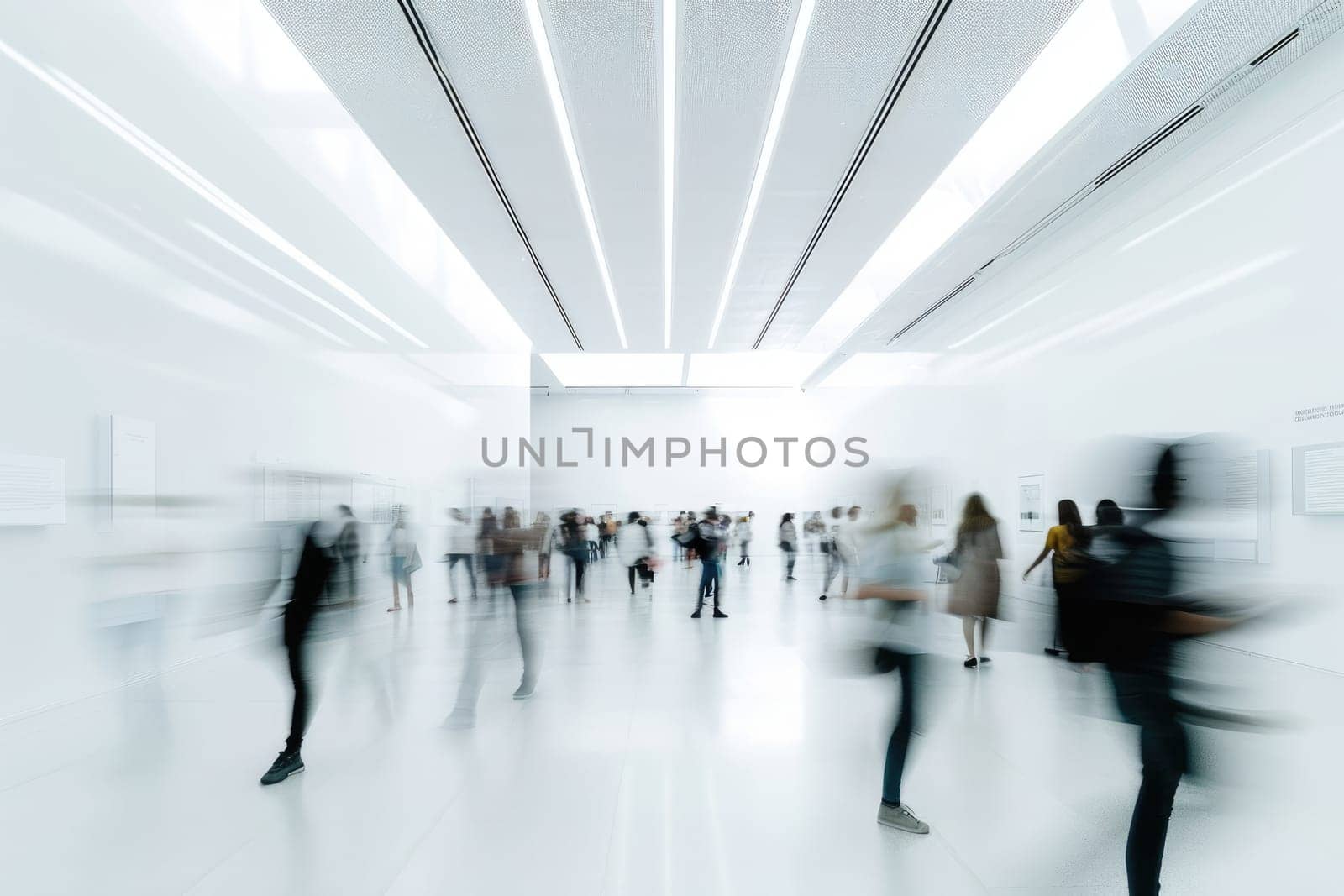 Fast moving crowd of people on a busy office with long exposure. Generative AI.