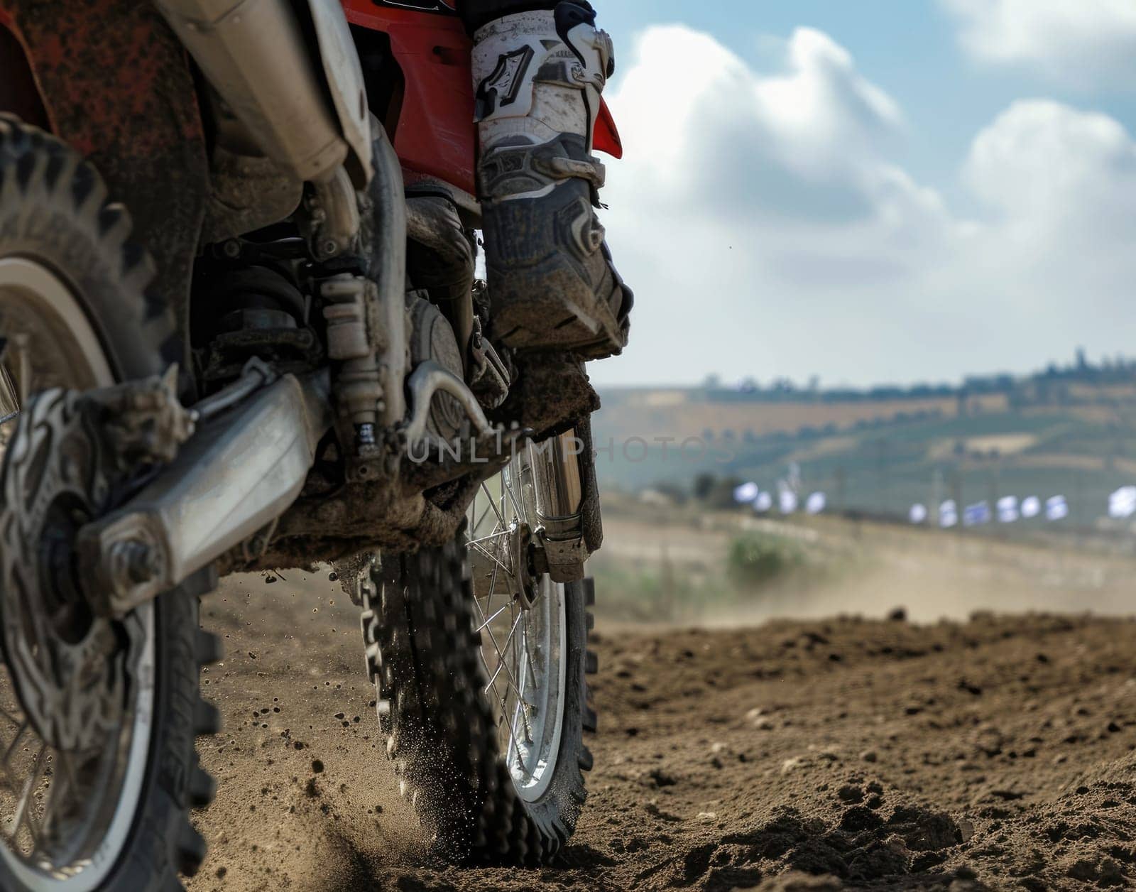 Motocross rider riding on dirt track closeup tyre Generative AI by matamnad