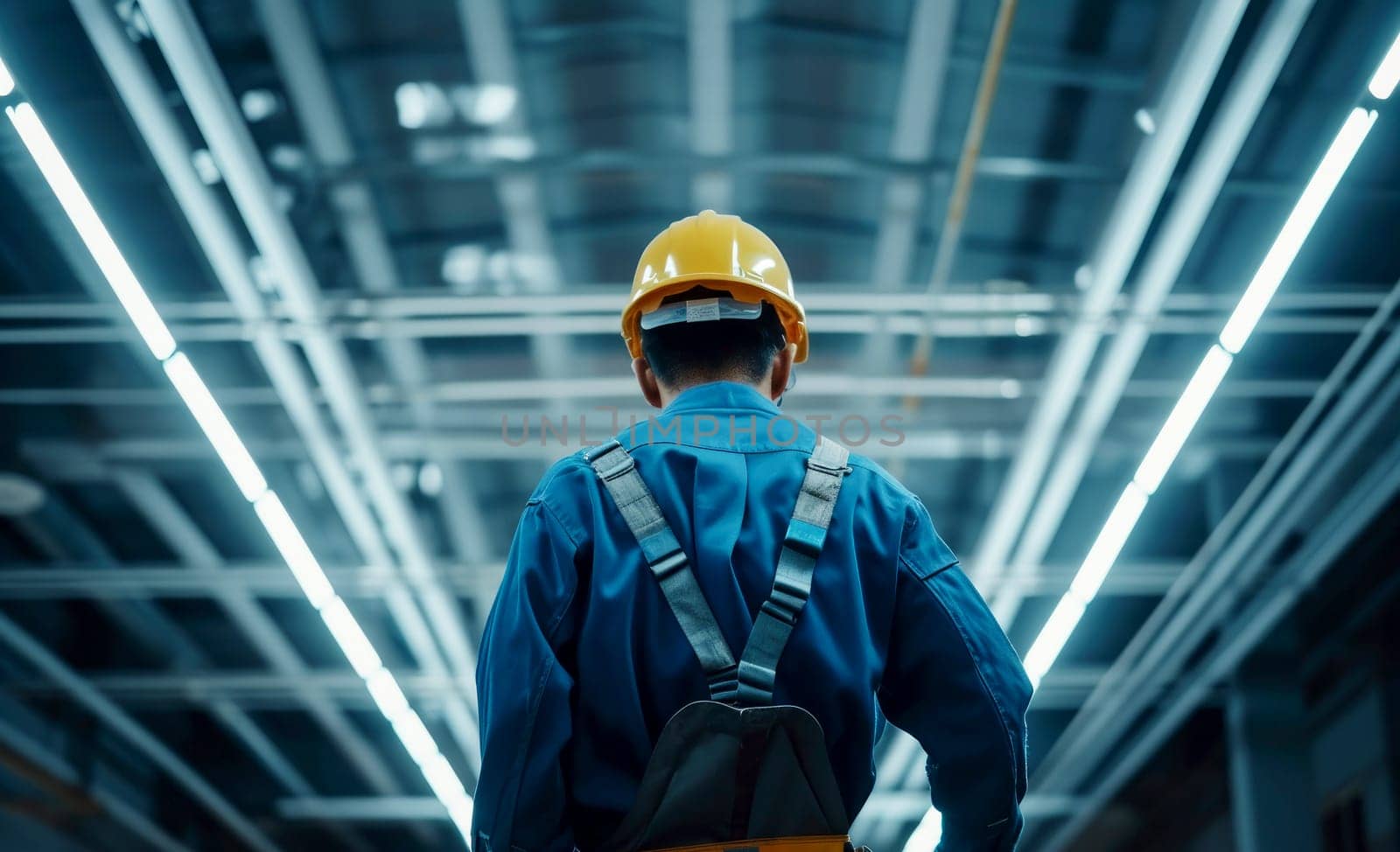 Electrician man worker installing lamp in a office room . Generative AI.