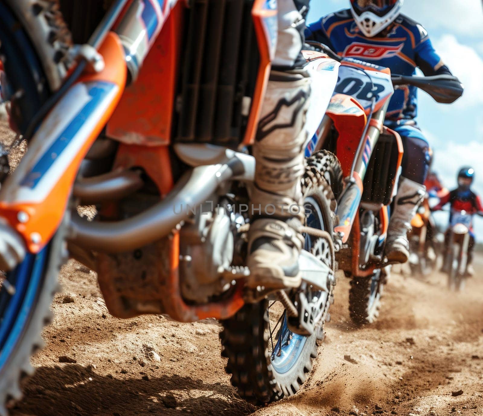 Motocross rider riding on dirt track closeup tyre Generative AI.