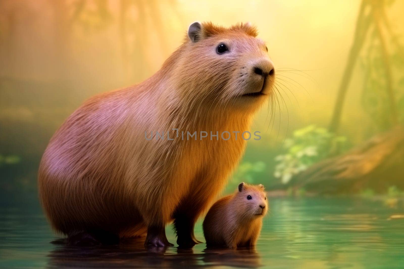 a capybara among crocodiles in the river.AI generative.