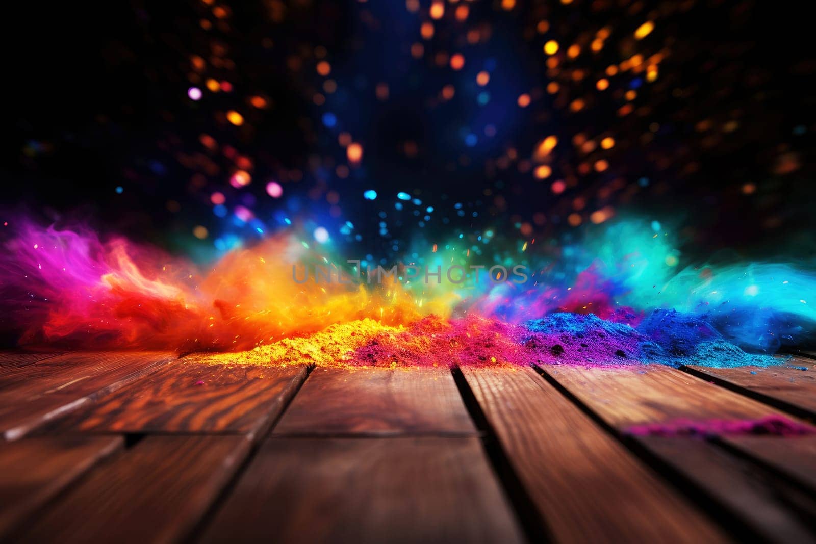 Colorful Holi powders on a top table with bokeh lights for mockup , AI generative.