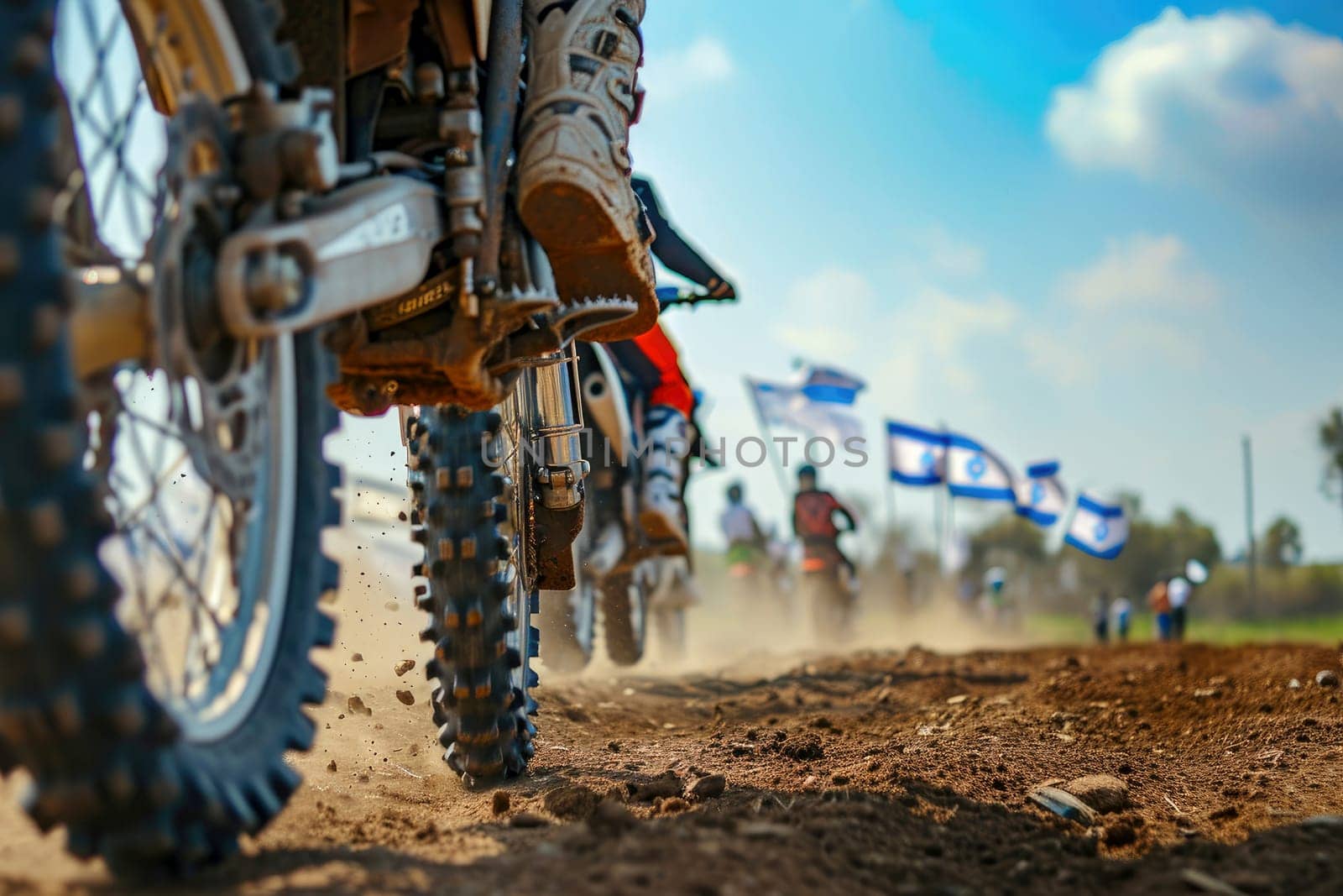Motocross rider riding on dirt track closeup tyre Generative AI.