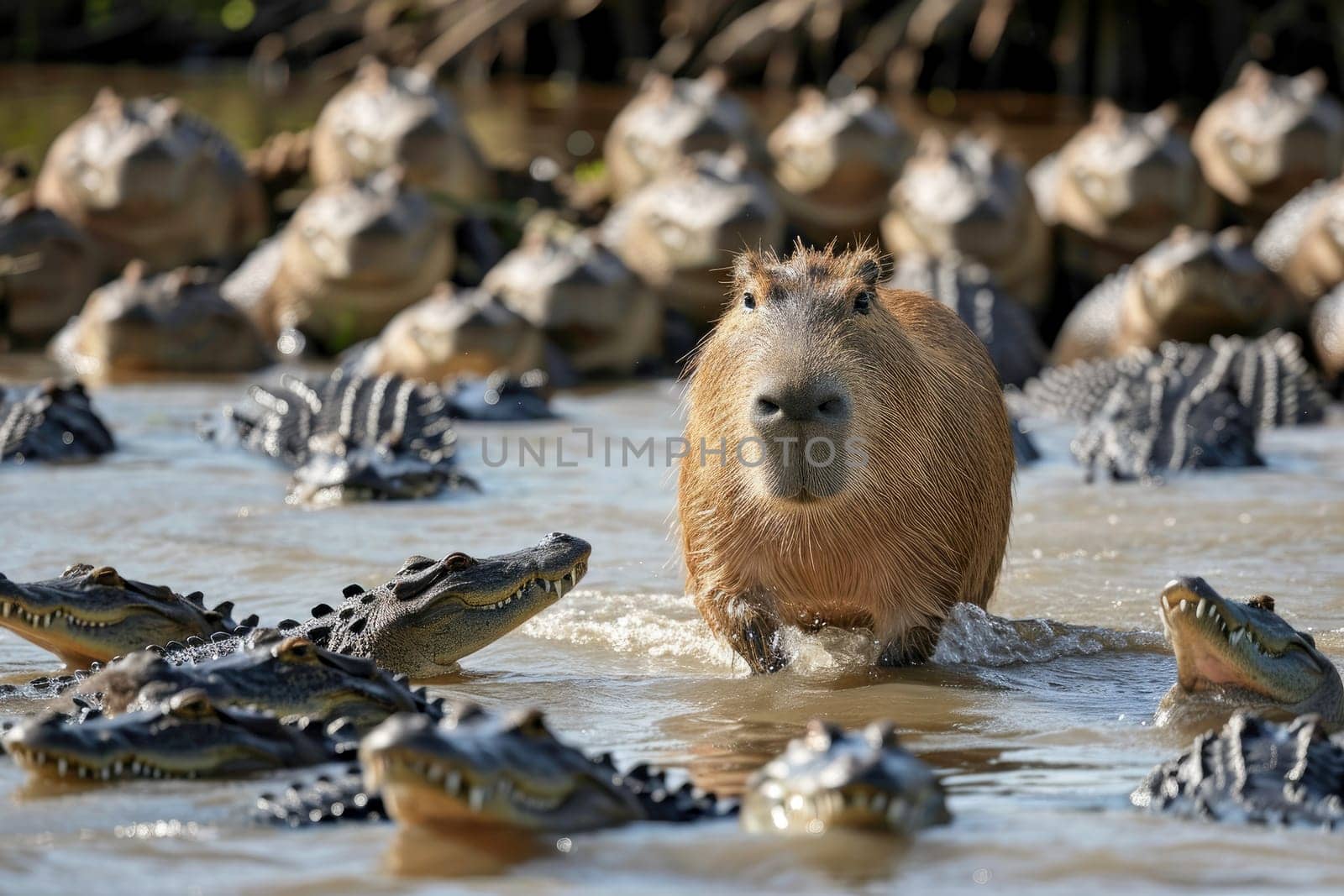 a capybara among crocodiles in the river.AI generative.