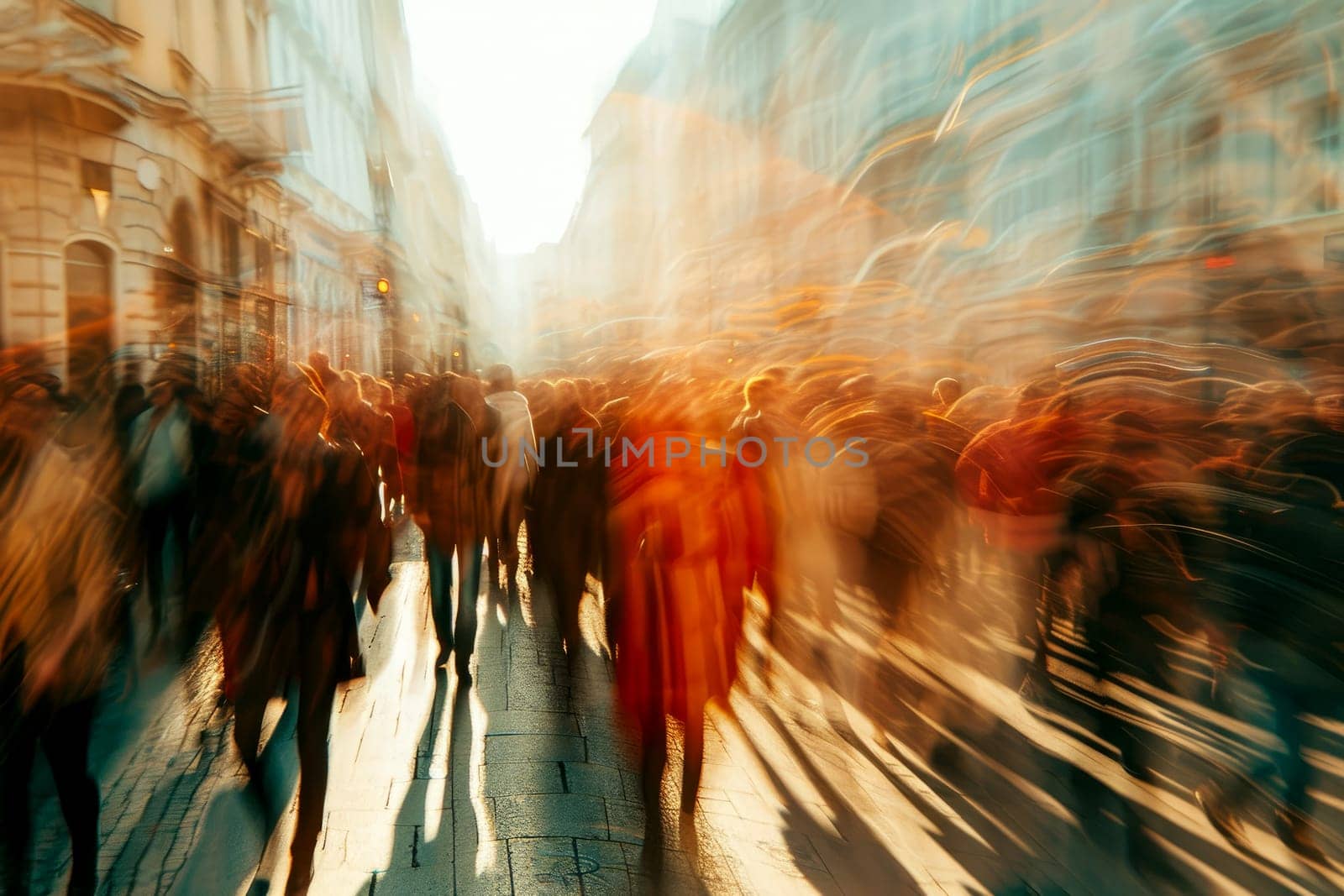 Fast moving crowd of people on a busy street with long exposure. Generative AI.