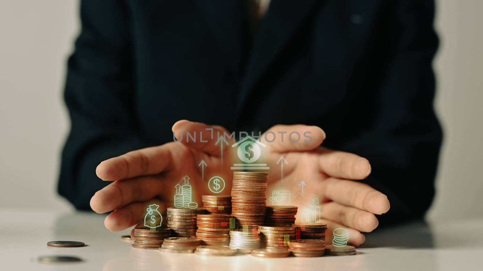 Long term investment, Interest rat and financial growth concept. Stacked coins with arrow pointing up icon by prathanchorruangsak