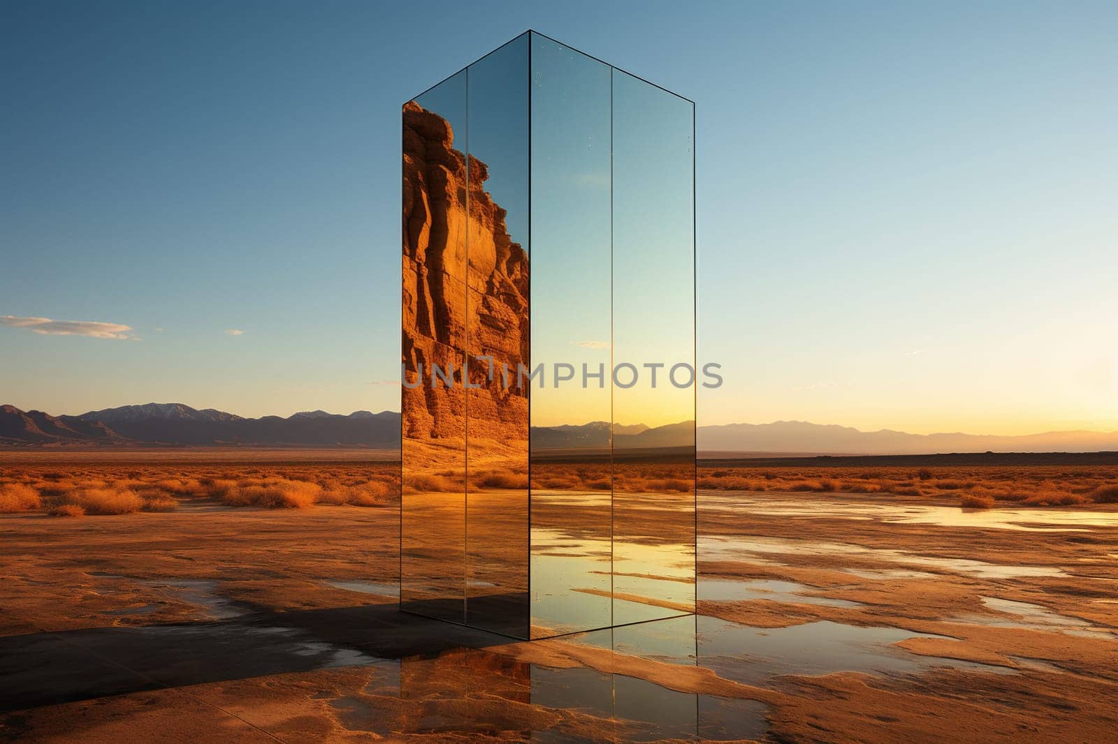 Large mirror in the desert with reflection.