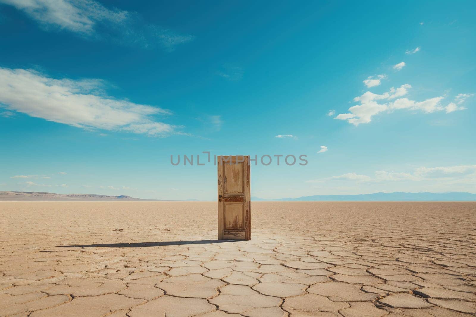 A closed, shabby old door in the middle of a dry desert.
