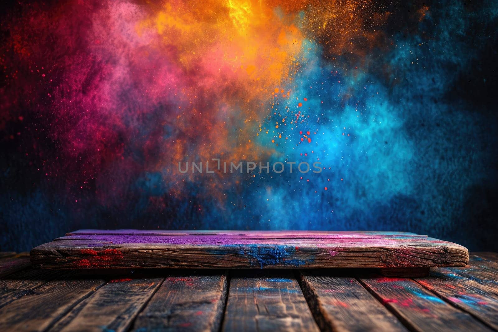 Colorful Holi powders on a top table with bokeh lights for mockup , AI generative.