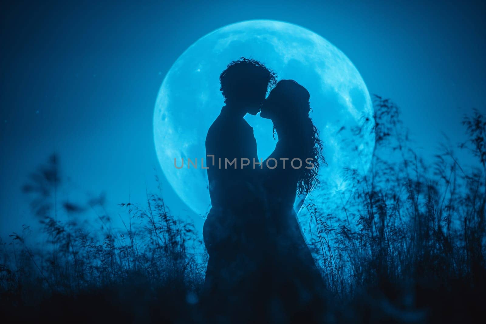 silhouette of guy kissing girls hand on blue.
