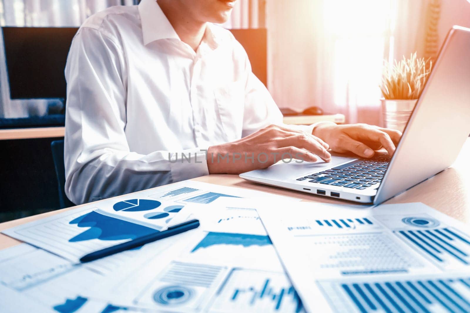 Businessman accountant or financial expert analyze business report graph and finance chart at corporate office. Concept of finance economy, banking business and stock market research. uds