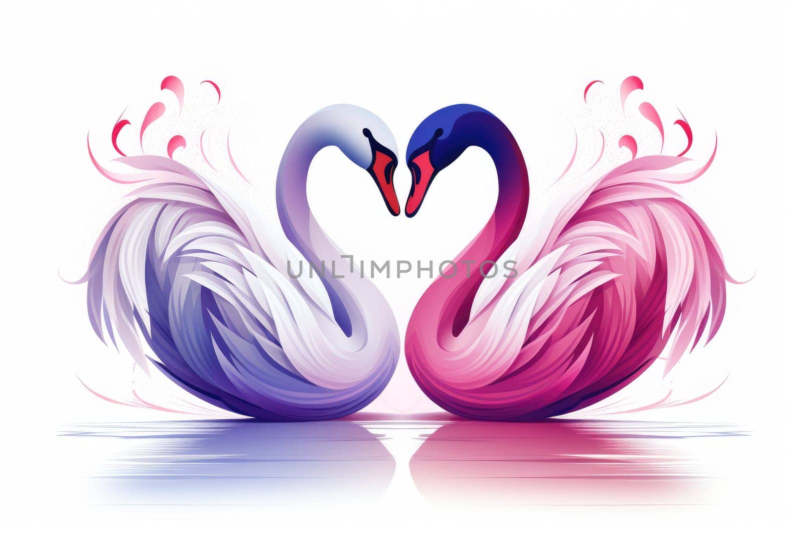 Valentine's Day creatures. swans symbolizing love with heart . Generative AI.