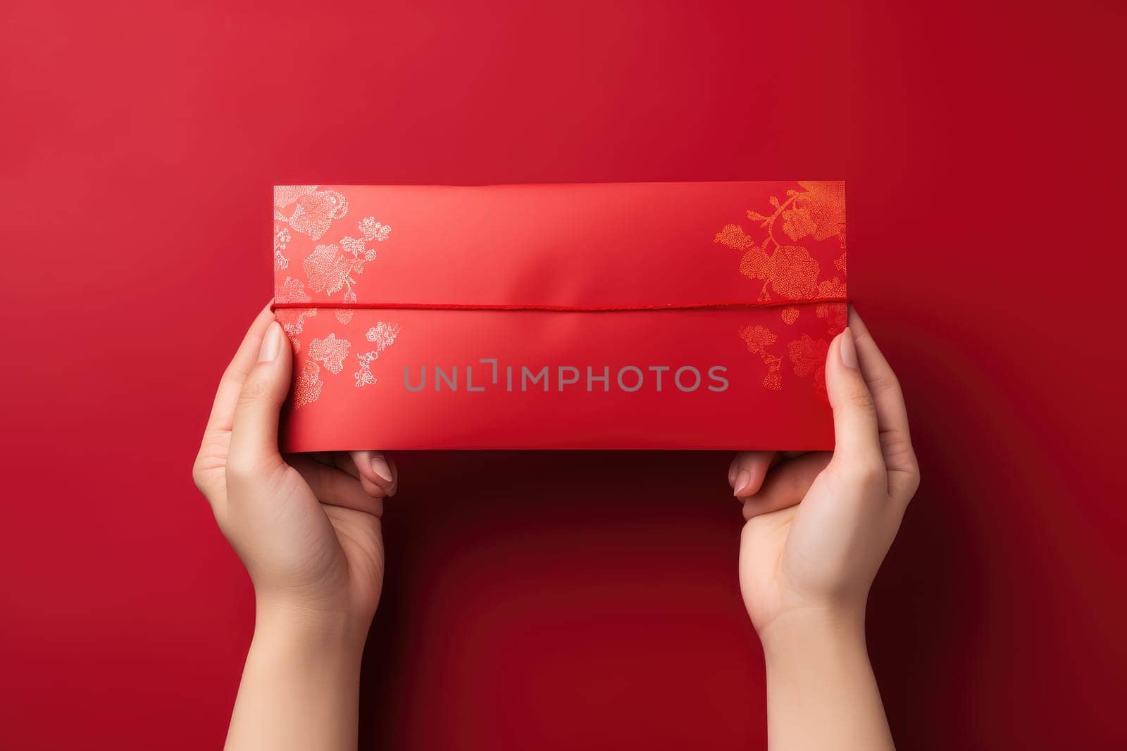hand woman holding with blank red card. Chinese new year concept .generative ai.