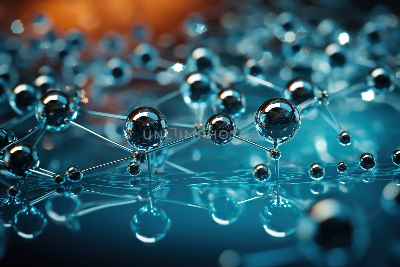 Atoms and molecules closeup with blue bokeh background. Generated by artificial intelligence by Vovmar