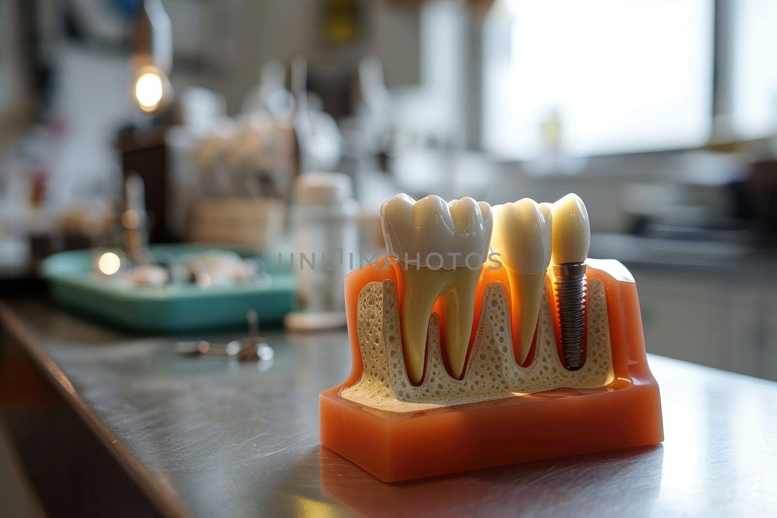 a model structure of teeth with an implant. AI generative by matamnad