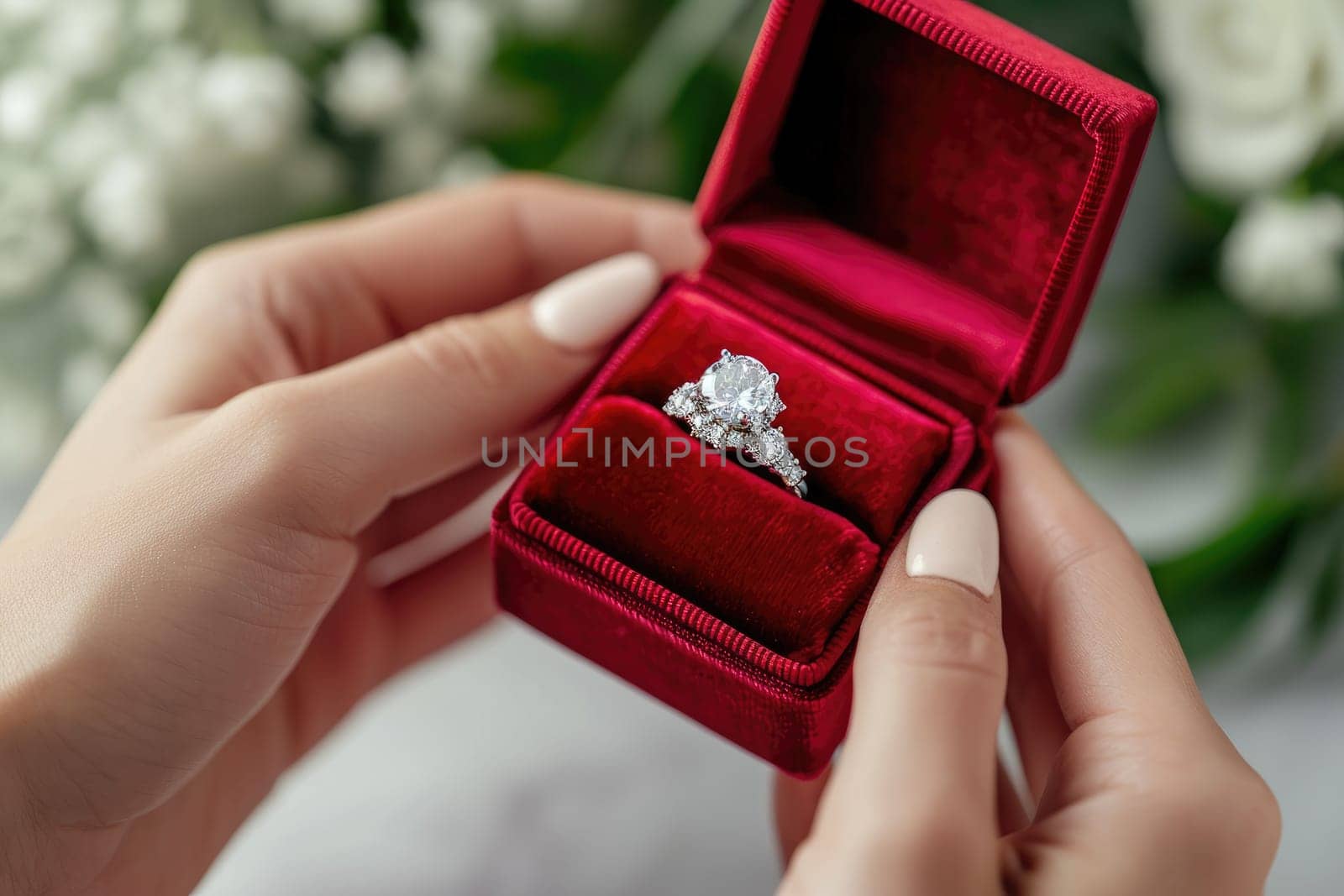 diamond ring in red box in woman hand on . ai generative. High quality illustration