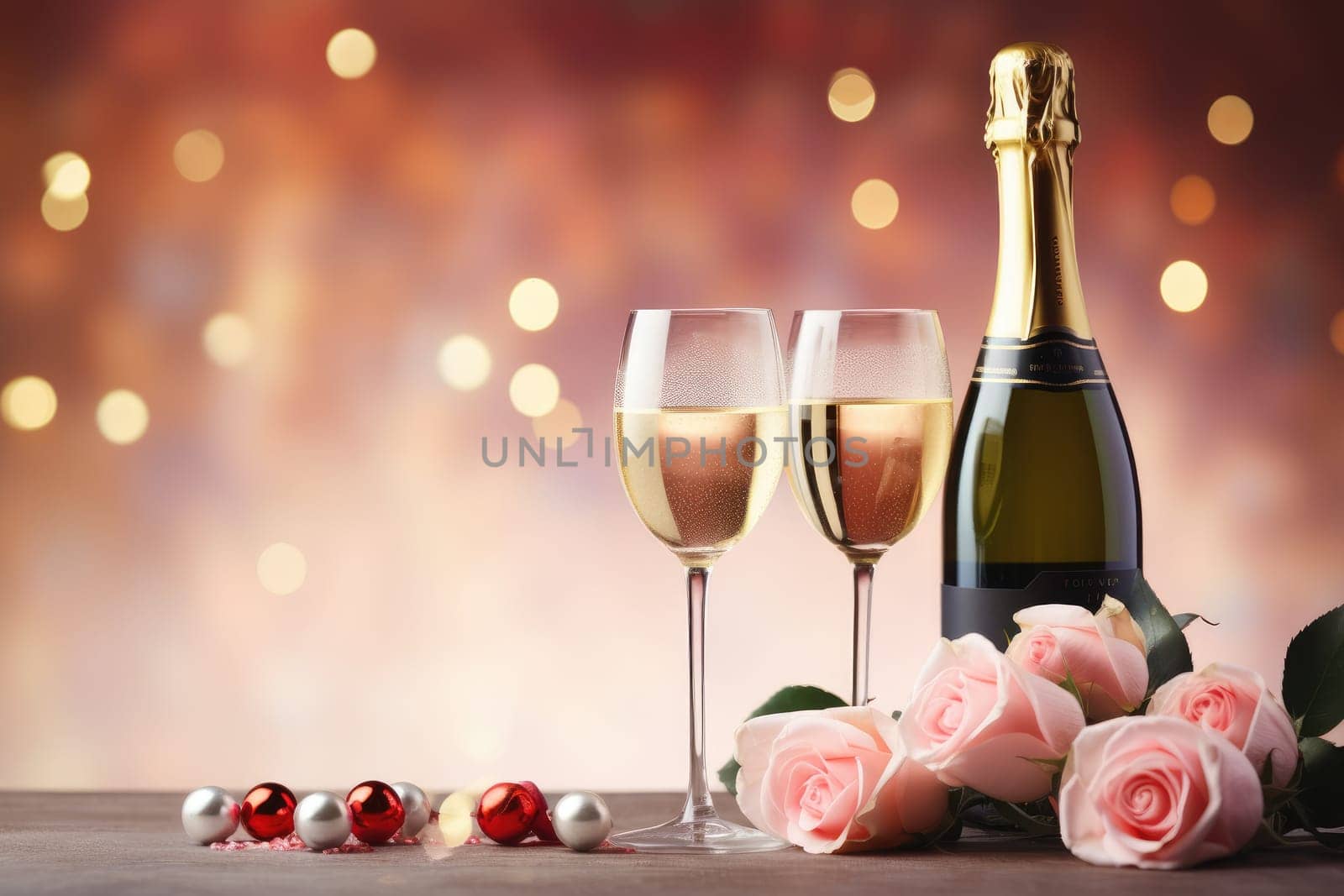 valentine day celebration with champagne, bokeh background. Generative AI.