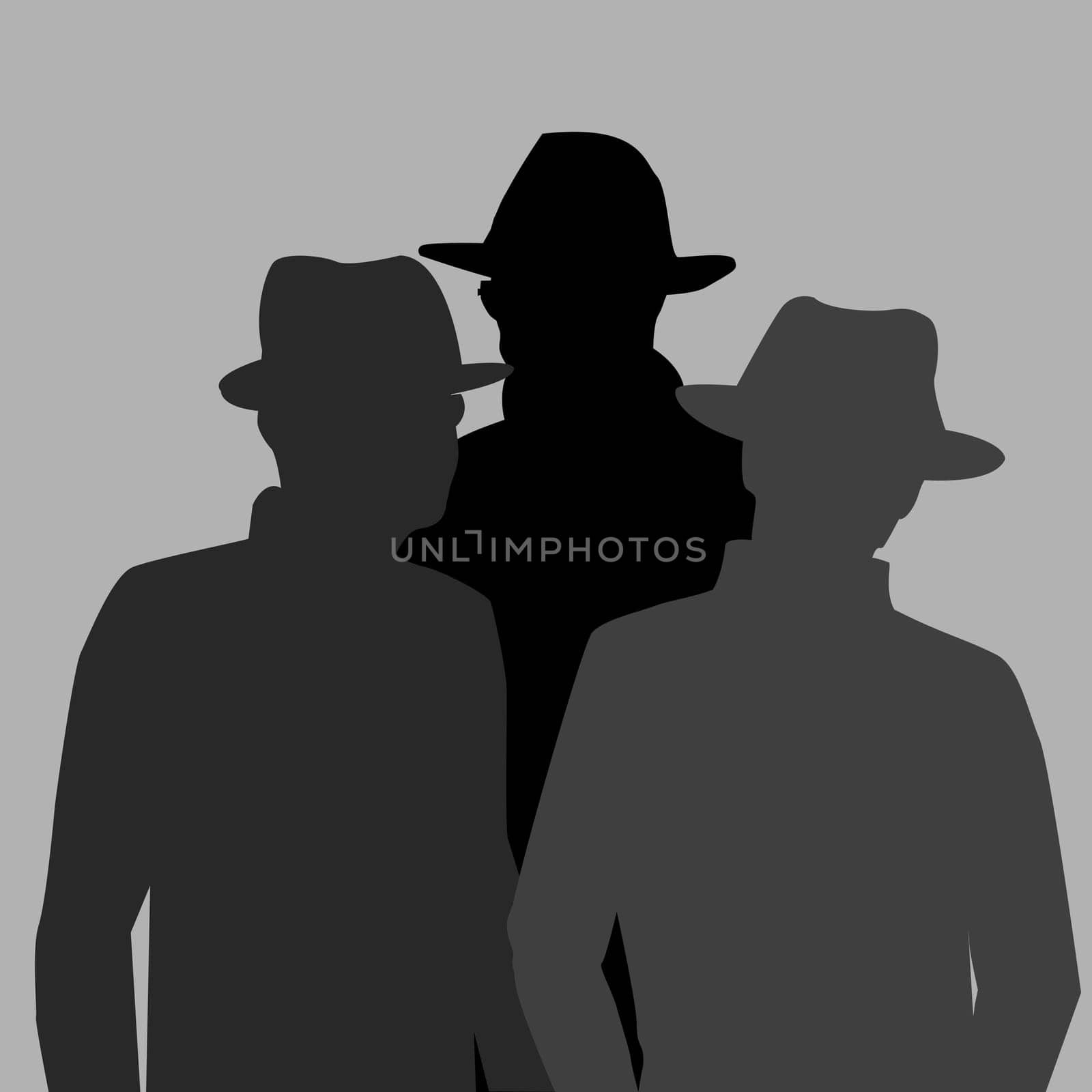 Security, Detective Privacy concept with silhouettes of three men wearing hats by hibrida13