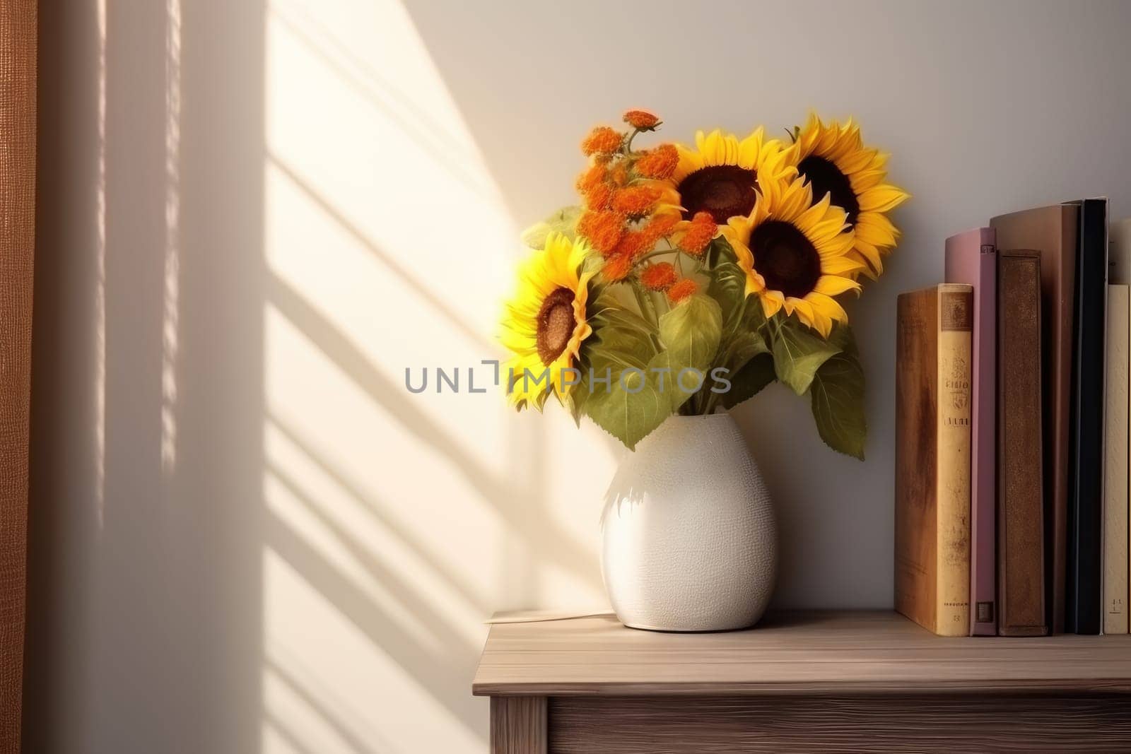 a table with a vase of sunflowers on it. generative ai.