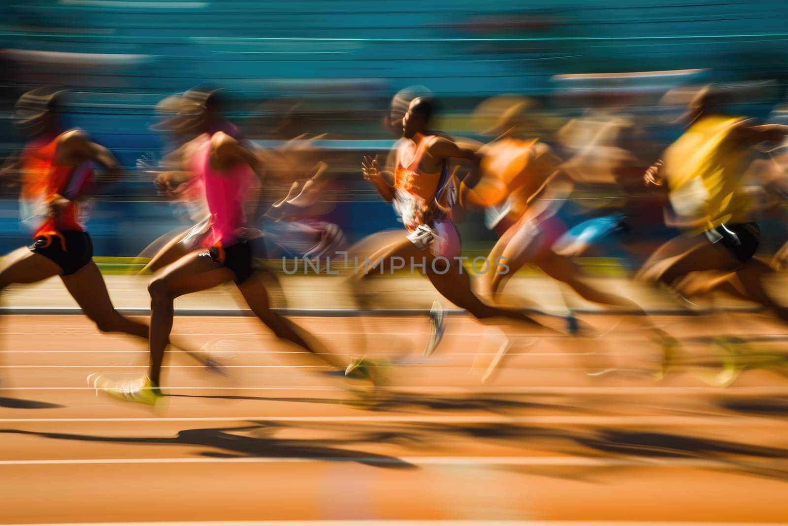 Blurred running race group of runners on racetrack for background. ai generative.