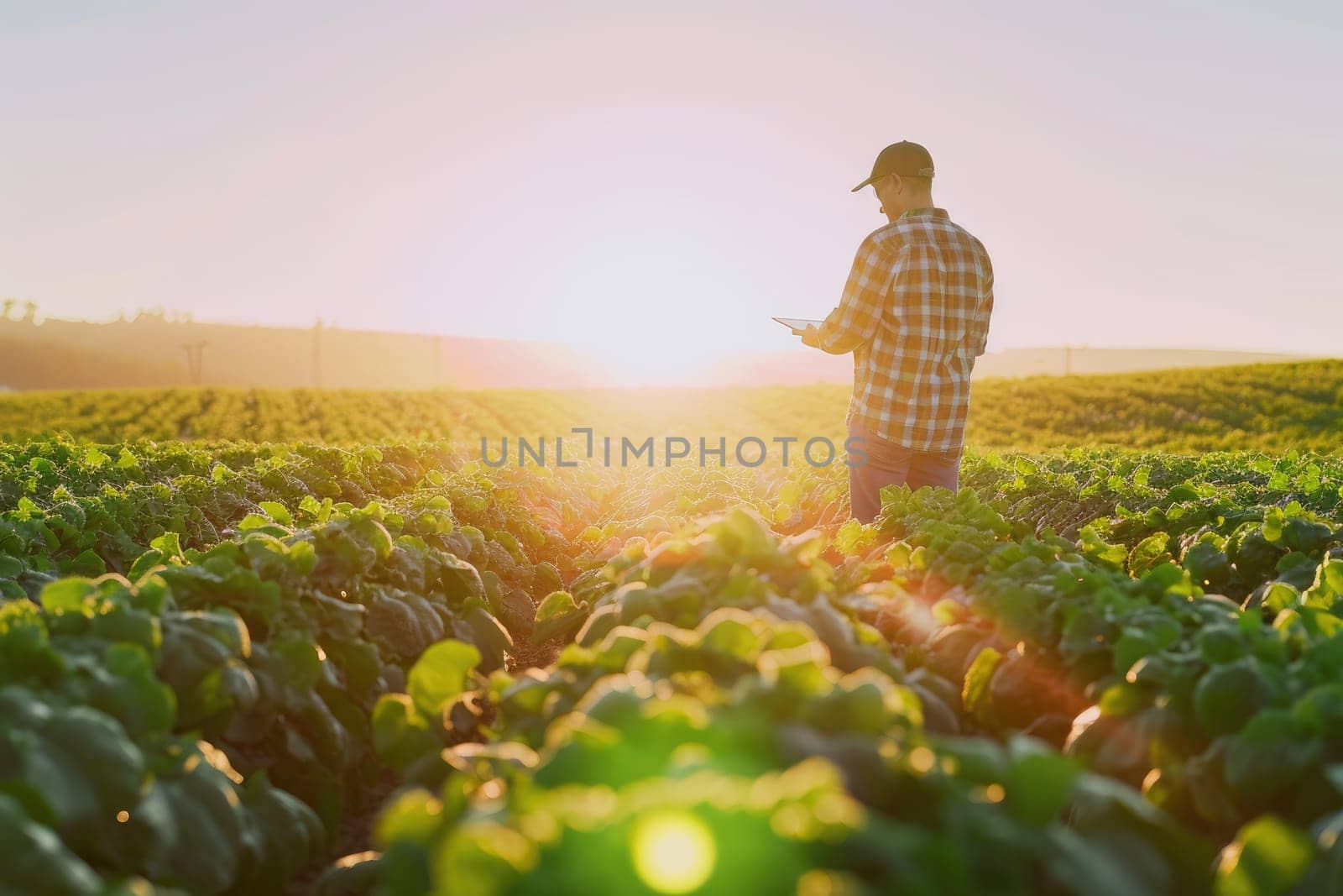 a farmer standing in field with table. Generative AI..