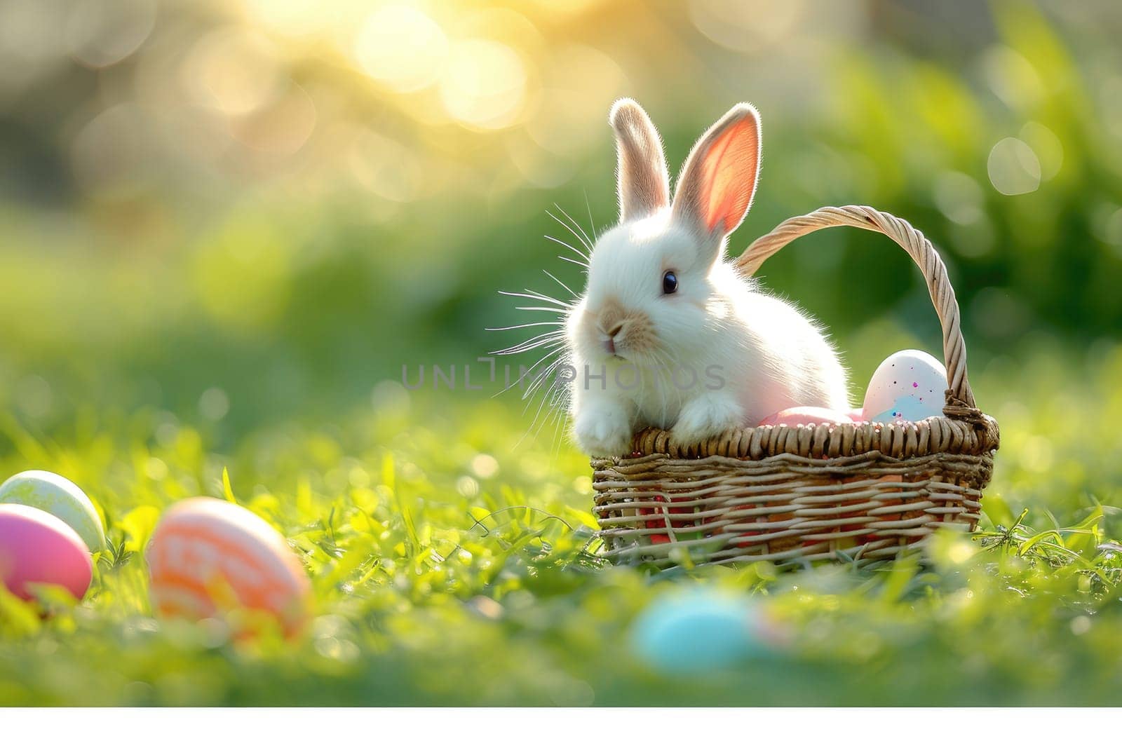 Happy bunny with Easter eggs on grass festive generative ai.