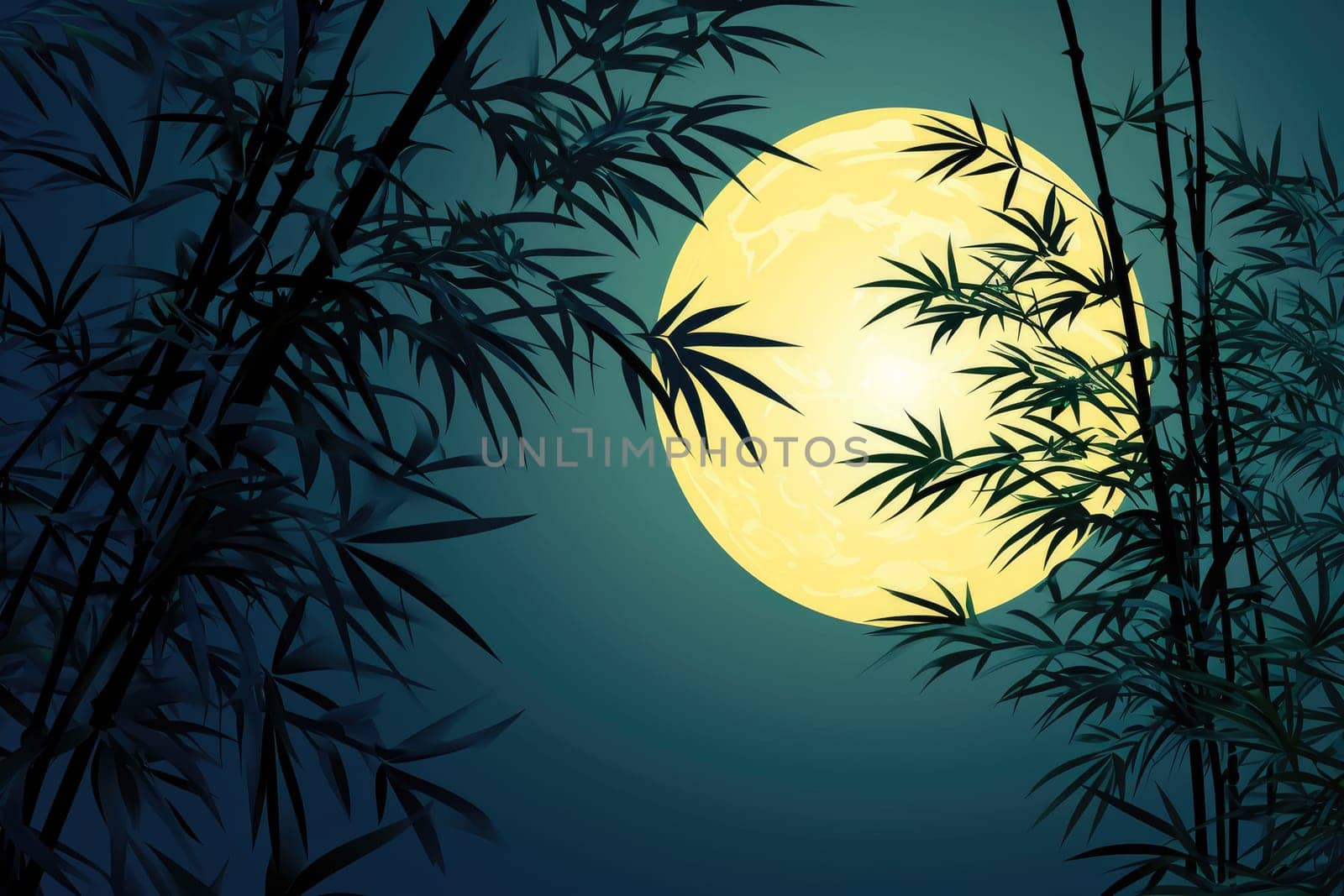 exposure of bamboo forest and full moon in the night sky. Generative AI.