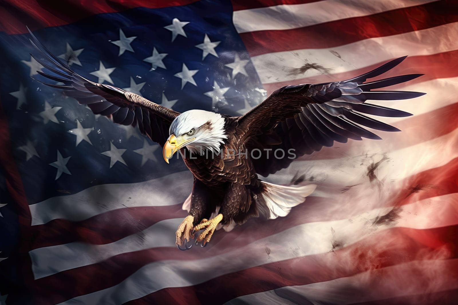 Illustration of an eagle on the background of the American flag closeup. Ai generation by matamnad