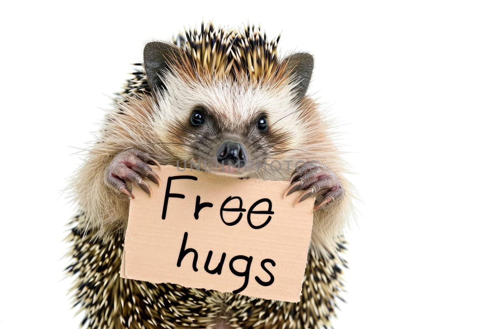 a hedgehog with Free hugs banner amused isolated on a transparent background, generative ai.